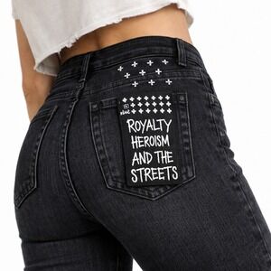 Ksubi Black Skinny Jeans Graffiti Pocket Cross Detail Sz 34 Waist (Fits 27)